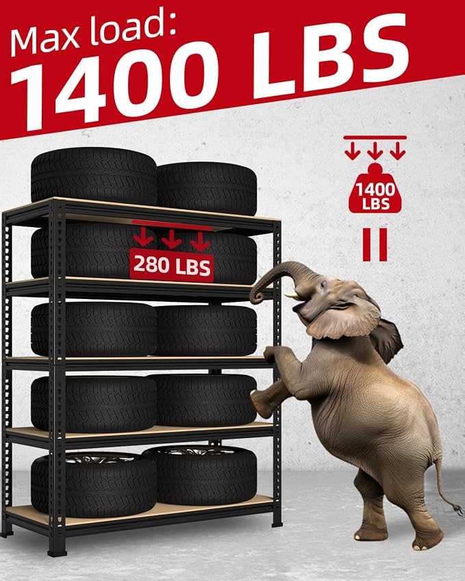 PrimeZone 5-Tier Garage Storage Shelves, Adjustable Metal Shelving, Black | 32"W x 16"D x 63" H, Heavy-Duty Metal Frame & Connectors, FSC MDF Boards, Deep Storage for Garage, Pantry, Closet, Warehouse