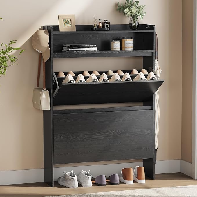 Modern Shoe Cabinet with 2 Flip Drawers & Open Storage, 31.5" W Black | Freestanding shoe cabinet with flip drawers ,design and space-saving storage for entryway,foyer & hallway.