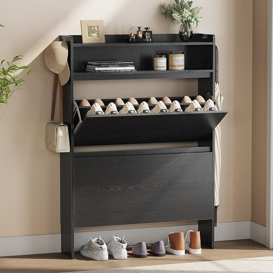 Modern Shoe Cabinet with 2 Flip Drawers & Open Storage, 31.5" W Black | Freestanding shoe cabinet with flip drawers ,design and space-saving storage for entryway,foyer & hallway.