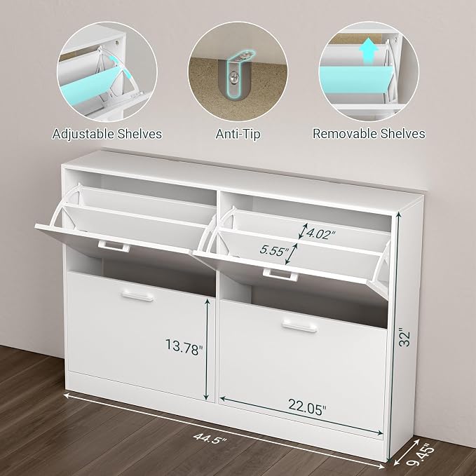 Shoe Cabinet with 4 Flip Drawers, Narrow Freestanding Shoe Organizer, Hidden Slim Shoe Storage Cabinet for Entryway, Hallway, Living Room, White