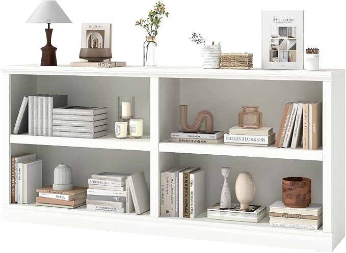 64" W Double Wide Horizontal Bookshelf, 2 Tiers 4 Storage Cube Book Case | Open Shelf Bookcase, Display Cabinet Organizer Indoor Furniture, Home Library Office, White, Adjustable Shelf