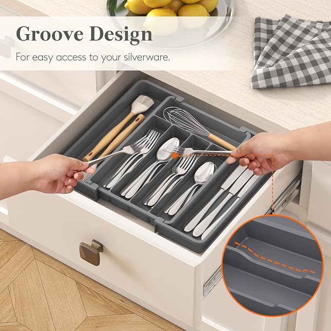 Lifewit Silverware Drawer Organizer, Expandable Utensil Tray for Kitchen, BPA Free Flatware and Cutlery Holder, Adjustable Plastic Storage for Spoons Forks Knives, 8.5-14 x 12", Dark Gray