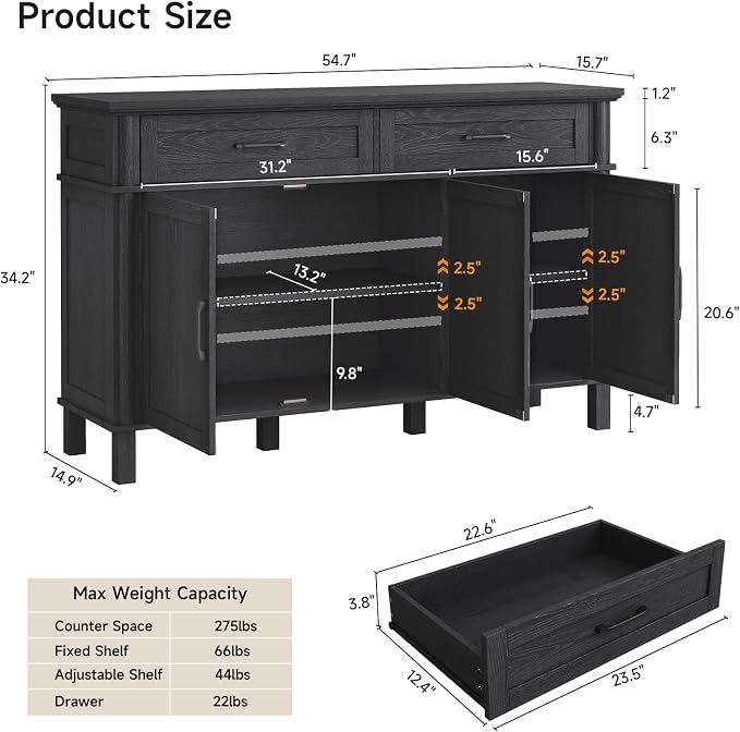 55 Inch Buffet Cabinet with Storage, Farmhouse Sideboard Buffet w/2 Drawers and 3 Doors, Wood Coffee Bar Cabinet with Adjustable Shelves, Sideboard Storage for Kitchen, Living Room, Black