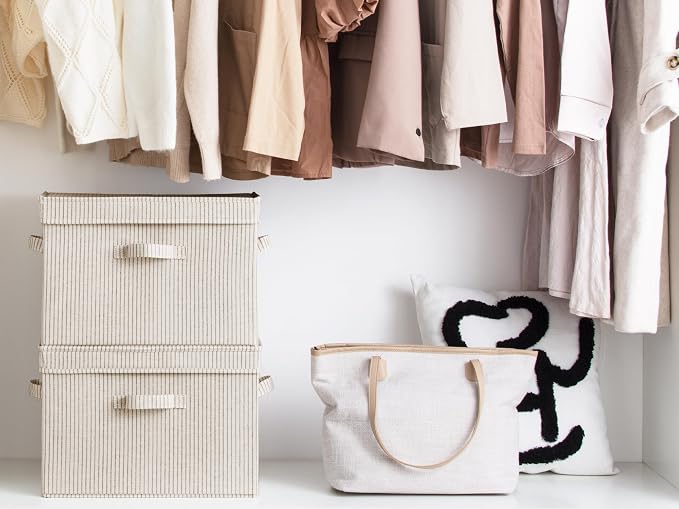 StorageWorks Fabric Storage Bins with Lid, Decorative Storage Boxes for Shelves, Stackable Closet Organizer Basket with Handles, Jumbo, Khaki and Beige Stripes, 2-Pack | Flip-Top Lid, 3 Handles, Collapsible, Stackable, for Clothes Blankets, Multi-Purpo...