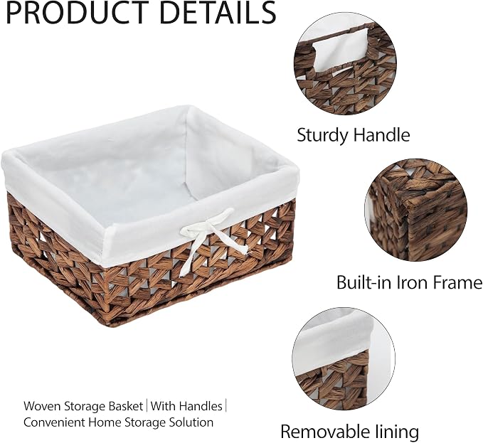 Water Hyacinth Storage Basket Small with Metal Frame & Removable Liner, 11.8”×7.9”×5.5” Rectangular Woven Organizer Bin for Bathroom Vanity, Desk, Nursery, Closet, Home Organization