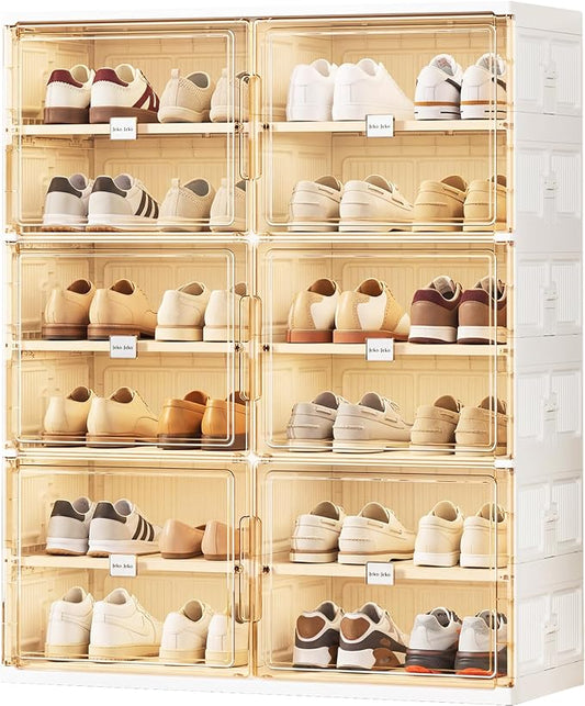 JEKO&JEKO 6 Tiers Foldable Shoe Rack Organizer Cabinet for Closet Entryway, Large Collapsible Shoe Storage Box with Magnetic Doors Fits Up to 24 Pairs (White)