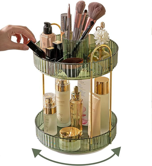 Asayuee 360 Rotating Makeup Organizer,2 Tier Large Capacity Make Up Organizers and Storage,Skincare Perfume Vanity Organizers,Bathroom Cosmetics Storage Organizer Countertop (Green)