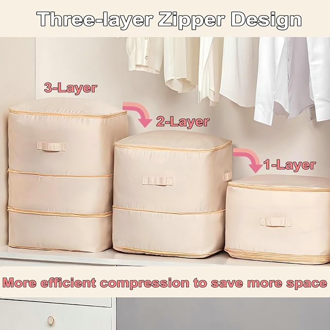 Comforter Storage Bag, Bedding & Blanket Self Compression Storage Organizer | Compression Storage Bag for Blanket Storage, 3-Layer Thick Satin Fabric Heavy Duty Bags for Pillow Duvet (Beige, XL)