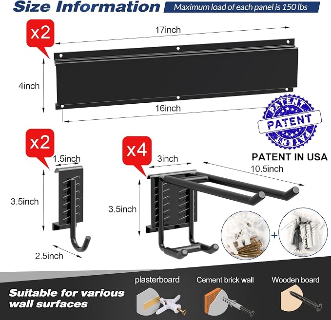 Garage Wall Organizer, Heavy Duty Tool Hangers for Garage Wall with 6 Double Hooks & 2 Rails, Tool Organizer Wall Mount, Garage Hanging Storage Rack for Shovel, Rake, Broom and Ski Gear