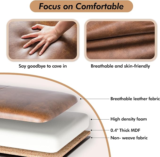 ZZW Storage Ottoman Bench, 51" Length Upholstered End of Bed Storage Bench for Bedroom with Safety Hinge, Tufted Bed Benches with Rolled Arm and Nailhead Trim for Living Room, Entryway Brown