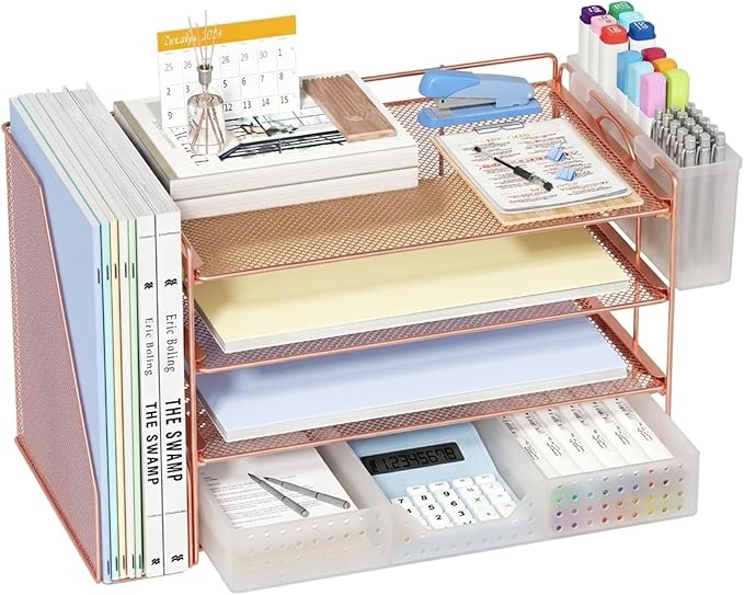 ECOLOVI Desk Organizer, 4-Tier Paper Organizer Letter Tray with File Holder, Drawer and 2 Pen Holders, Desktop File Organizer for Office Supplies, Workspace Storage, Rose Gold