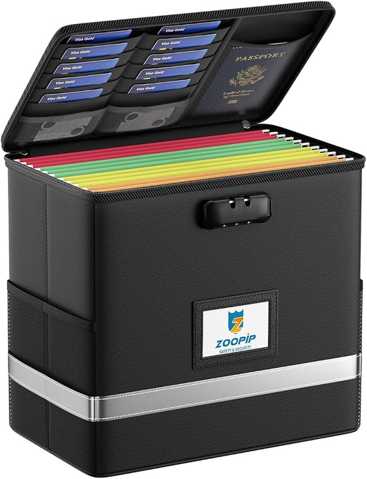 Fireproof File Box with Lock, Collapsible Document Organizer, Black | Suitable for Hanging Folders in Letter Size, Reflective Strip for Fast Find, Home Office Safe Protection,12.2"x6"x10.2"