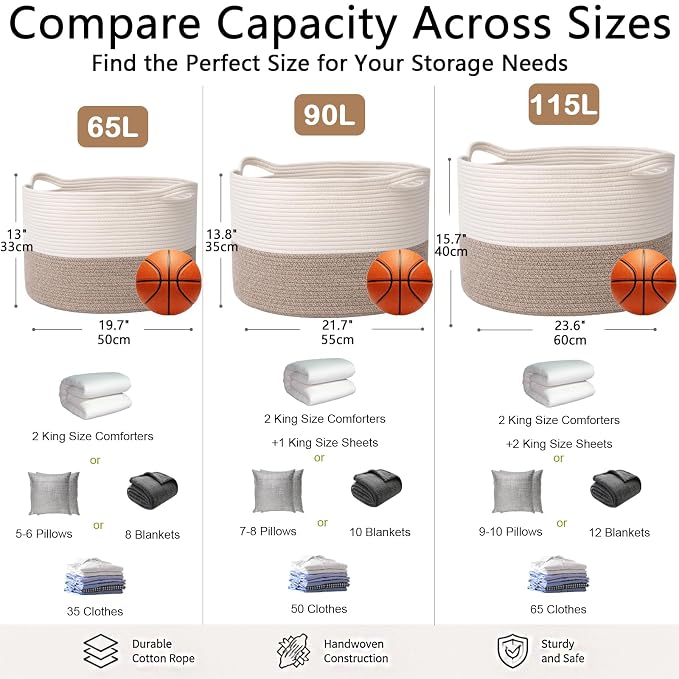 115L Extra Large Blanket Basket,Woven Laundry Basket- White & Brown | Collapsible Nursery Storage Bin with Sturdy Handles, Organizes Clothes, Toys and Pillows for Living Room, Bedroom, Bathroom