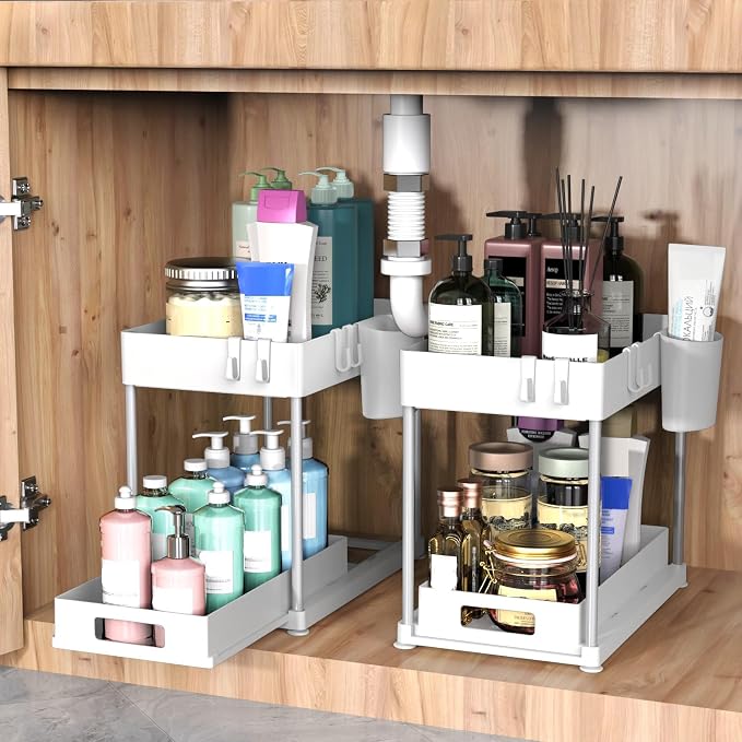 2 Pack Under Sink Organizer with Pull-Out Drawer, White | 2-Tier Cabinet Storage, Kitchen & Bathroom, Tool-Free Assembly, Fits Cleaning Supplies & Toiletries, Space Saving