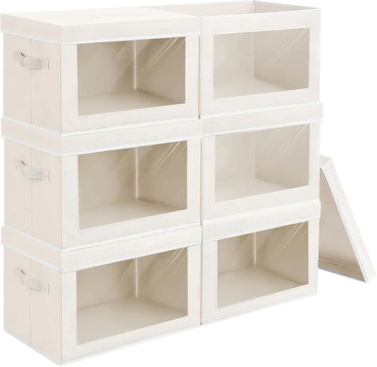Homsorout Stackable Storage Bins with Lids - Medium Storage Box with Lids, Foldable Closet Boxes for Organizing, Wardrobe Clothes Organizer with Window, Fabric Bins for Living Room, 6 Pack, Beige