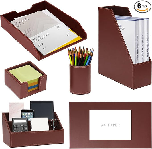 Office Supplies PU Leather 6-Piece Desk Organizer with Writing Pad, Letter Tray, File Folder Sorter, Pen Cup, Note Holder, Business Card Holder - Brown