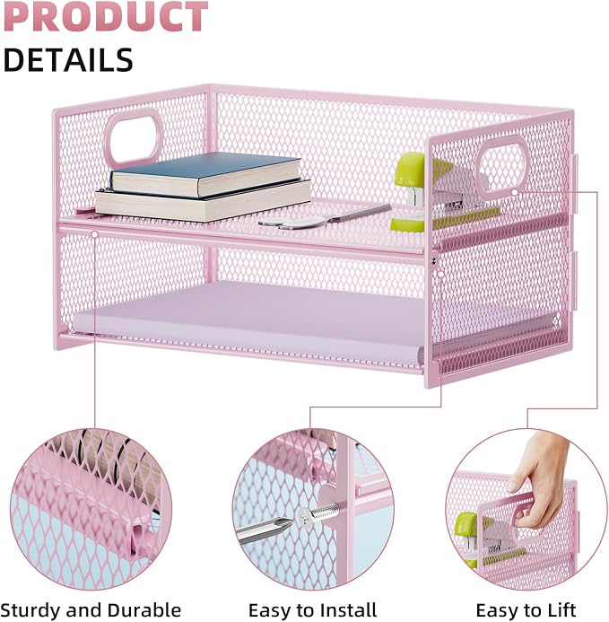 Marbrasse 2 Tier Paper Organizer Letter Tray, Mesh File Organizer with Handle, Paper Sorter Desk Organizer for Home Office Supplies - 2P Pink
