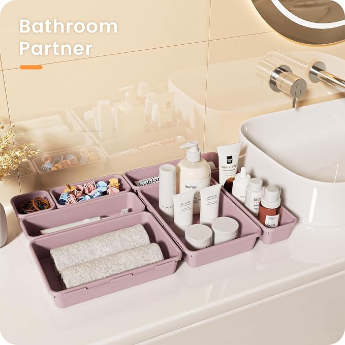 【Military Grade】A-LuGei Drawer Organizer,【𝟱𝗦𝗶𝘇𝗲】Makeup organizer,【Holds 177 Items】Bathroom Organizers and Storage,Organization and Storage,Desk Drawer Organizer for Vanity【Lilac】