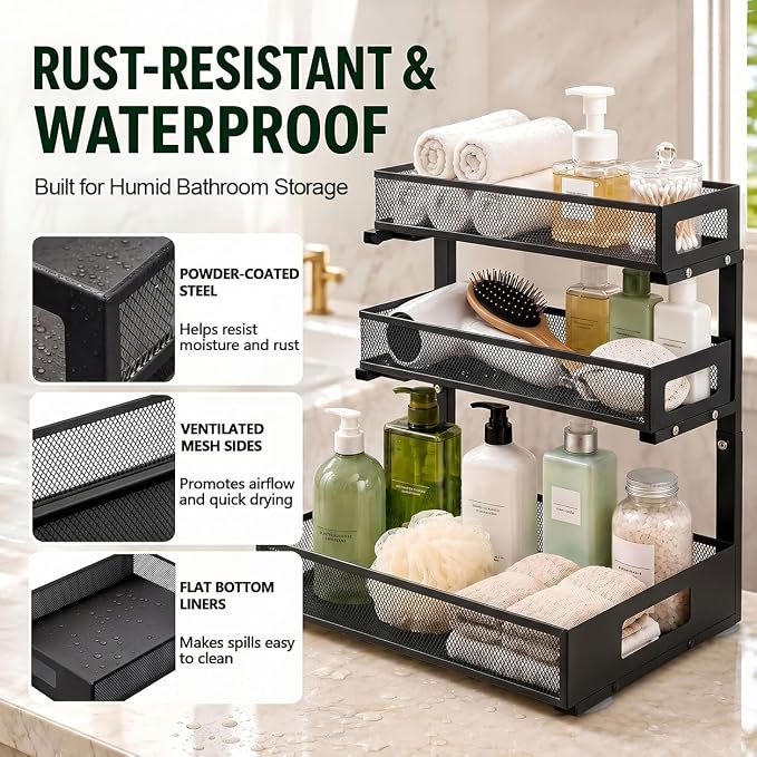 3 Tier Under Sink Organizer,1 Pack Pull Out Cabinet Shelves with Adjustable Height,Heavy Duty Carbon Steel L-Shaped Storage for Kitchen Bathroom Sink,Pantry & Laundry,Black