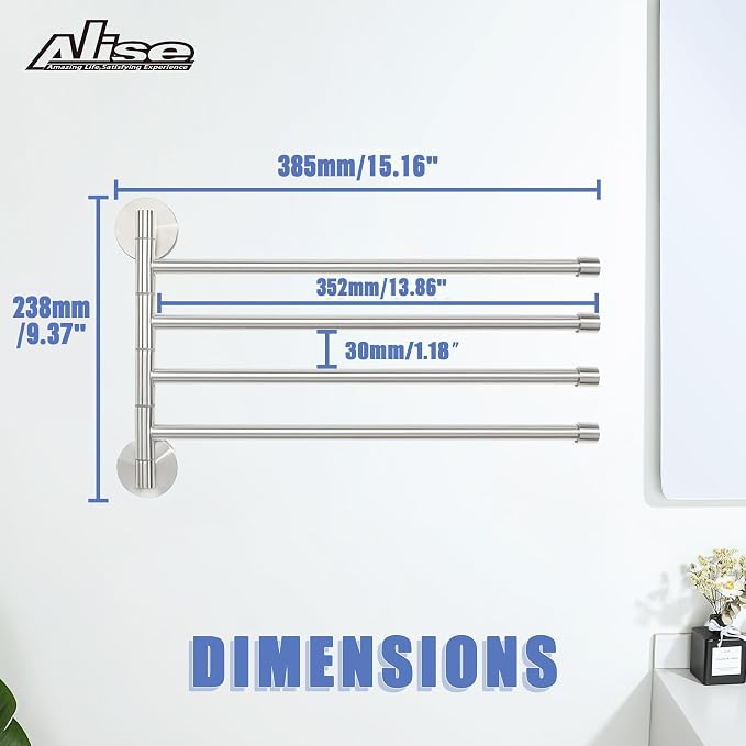 Alise 4 Arm Swivel Towel Rack, Swivel Towel Bar Brushed Nickel, 13.86 Inch | Space Saving Swing Arm Towel Rack for Bathroom Kitchen Outdoor, SUS304 Stainless Steel, 180° Rotating