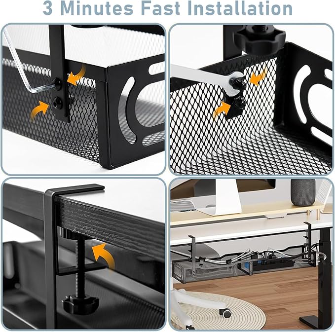 Cable Management, 25'' Cable Management Under Desk, Cable Tray | No Drill Under Desk Cable Management Tray, Cord Organizer with Clamp for Standing Desk, Desk Organizer for Home Office