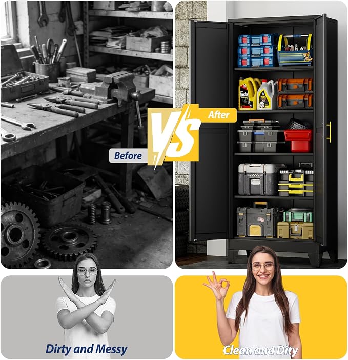 PAOFIN 71" Metal Storage Cabinet with 2 Doors and 4 Adjustable Shelves,Black Metal Garage Storage Cabinets, File Cabinet,Steel Tool Cabinets for Home,Office,Garage,School,Warehouse