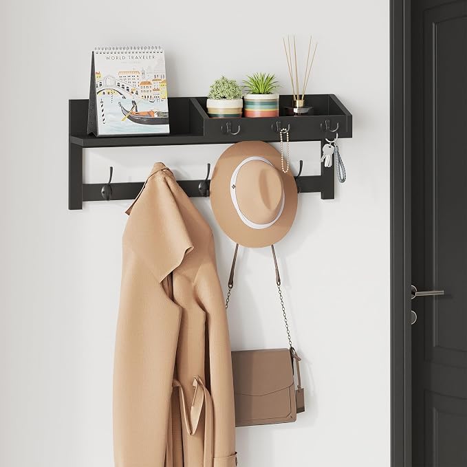 AMBIRD Wall Hooks with Shelf, 26.57 Inch Entryway Wood Coat Hooks for Wall, Coat Rack Wall Mount Rack with 5 Dual Hooks 3 Key Hooks Mail Organizer and Key Rack Key Holder (Black)