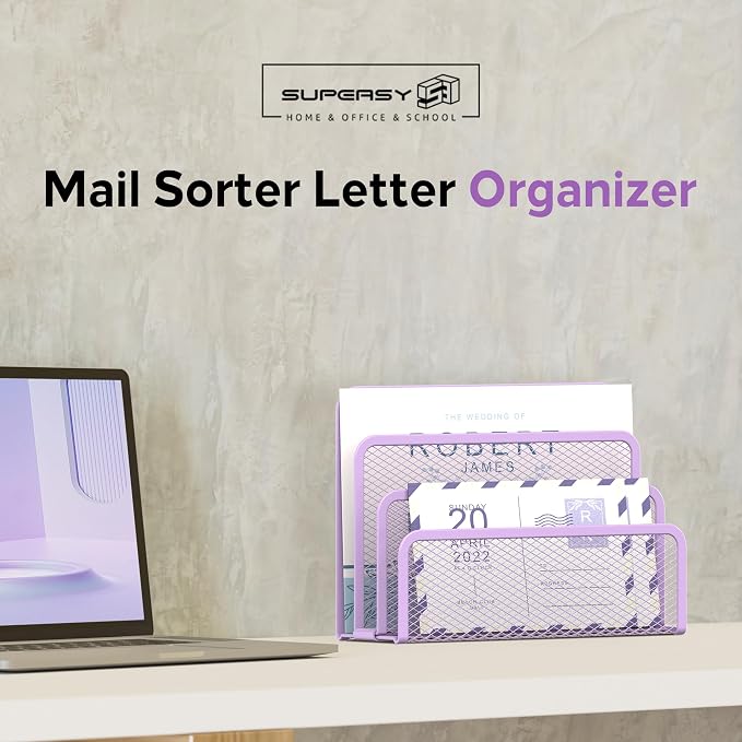 Mail Organizer Countertop for Desk, Mail File Holder with 3-Slot, Purple | Metal Mesh Mail Sorter for Letters, Envelopes, Bills, and Files for Home Offices, Classroom Organization