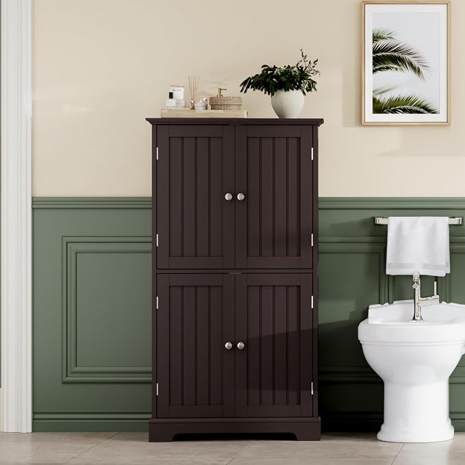 ChooChoo Bathroom Floor Cabinet with Adjustable Shelves | Bathroom Storage Cabinet, 4 Doors, Freestanding Cupboard for Living Room, Espresso