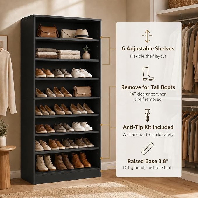 9-Tier Tall Shoe Rack Cabinet for Closet & Entryway, Black | Wooden Narrow Shoe Organizer Cabinet with Adjustable Shelves, Freestanding, for Bedroom, Hallway