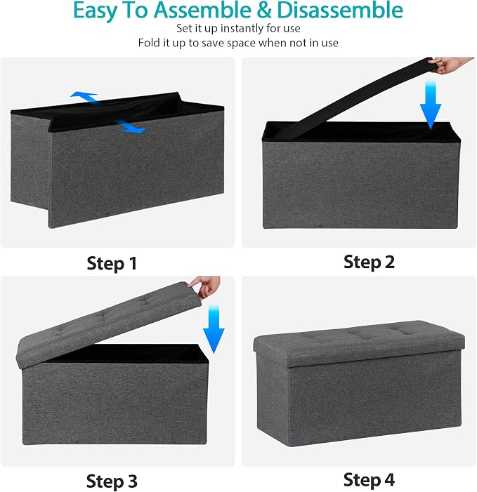ZenStyle 30Inches Storage Ottoman Bench, Folding Footrest Padded Seat, Storage Chest Long Shoes Bench with Divider, Holds up to 660 lbs, for Living Room, Entryway, Bedroom, Dark Gray