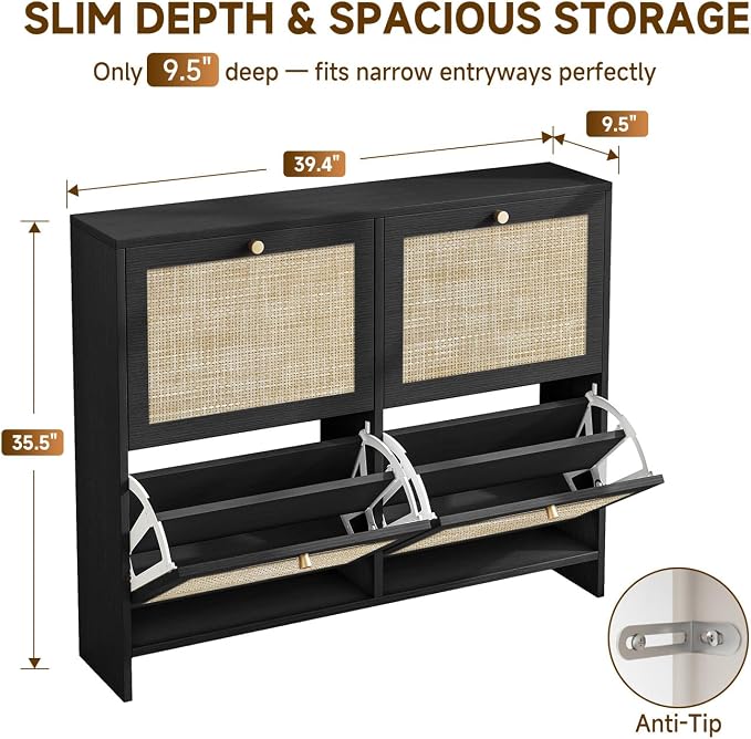 Nicetree Shoe Cabinet Storage for Entryway, 4-Flip Drawer Narrow Shoe Rack with Adjustable Shelves, Boho Modern Square Rattan Shoe Organizer, Slim Wood Storage Cabinets for Small Spaces Fits Size 13.5