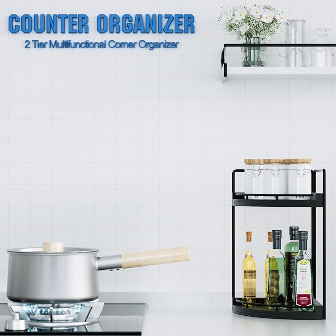 Corner Bathroom Counter Organizer, 2 Tier Wood Vanity Storage, Waterproof Skincare Shelf for Kitchen & Toiletries Decor, Dresser (Black-2 Tier)