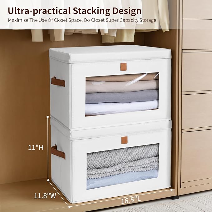 Homsorout Large Clothing Storage Bins - Collapsible Boxes with Handles & Window, Decorative Organizer Bins with Lids, Fabric Containers for Living Room, Dorm, 6 Pack, White