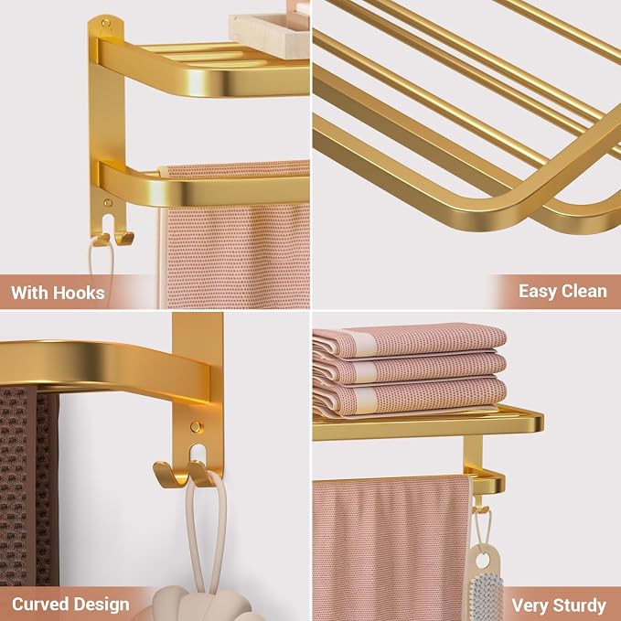 23 Inch Gold Bathroom Towel Rack Towel Shelf with Double Towel Bars Lavatory Wall Mount Holder with Hooks Golden Stainless Steel Hotel Bath Rack