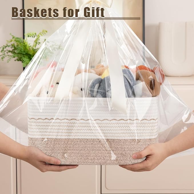 OIASKET 4 Pack Storage Baskets for Organizing, 15.75''x11.8''x7.87'', Decorative Cotton Rope Baskets for Shelves, Small Woven Basket for Toys, Books and Towels, Brown&White