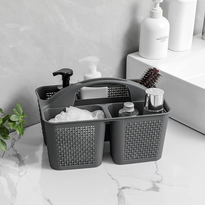 Plastic Portable Shower Caddy Basket with Handle, 3 Compartments, Dark Grey | Storage Organizer with Drain Holes, Sturdy and Durable For Bathroom, Kitchen, College Dorm, Sink, Camping
