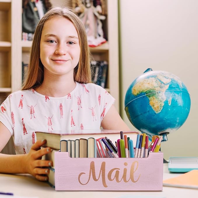 Wooden Mail Organizer Countertop | Pink Cute Mail Holder for Wall | Rustic Desk Mail Sorter Basket Letter Holder for Home Office Entryway Decor