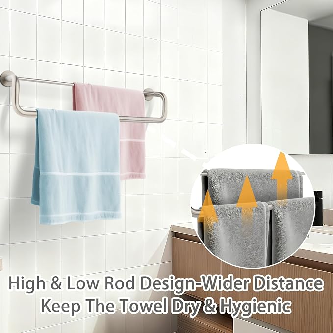 Double Towel Bar,Double Towel Racks for Bathroom,24 Inch Brushed Towel Holder, Bath Towel Rack for Bathroom Wall Mounted,Premium Brushed Stainless Steel,