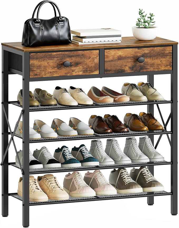5 Tier Shoe Rack, Large Capacity Shoe Storage Organizer, Metal Shoe Shelf with Drawer and Wooden Top, for 20 Pairs of Shoes, for Entryway, Closet, Rustic Brown and Black SS25BRY1N1