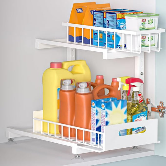L-Shaped Under Sink Organizer, 2-Tier Pull-out Cabinet Rack 1-Pack | White Height-Adjustable Metal Rack, Sliding Grid Drawers with Safety Stopper, Holds 100 Lbs, Ideal Kitchen Cabinet Storage