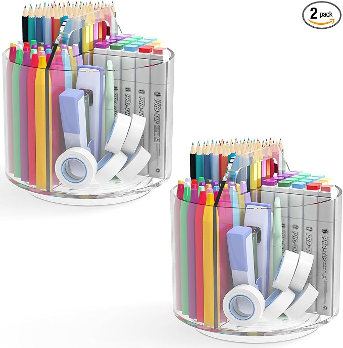 2 Pack Pen Pencil Holder for Kids, Rotating Pen Holder for Desk Organizer, 4 Compartments Art Supply Marker Organizer and Storage, Kids Desk Organizer Marker Holder Caddy Art Supply Organizer for Desk