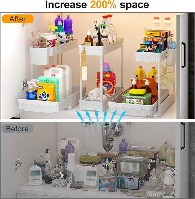 Sevenblue 3-Pack 2-Tier L-Shaped Under Sink Organizers with Sliding Drawers | Multi-use kitchen & bathroom storage, 12.85 inch white cabinet organizer, space-saving sliding drawer design.