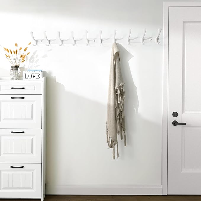 SKOLOO Wall Mounted Coat Rack - 10 Hooks, Heavy Duty, Stainless Steel, Metal Wall Hangers, Sturdy Coat Hooks for Hanging Coats, Jacket, Clothes, Hat, White