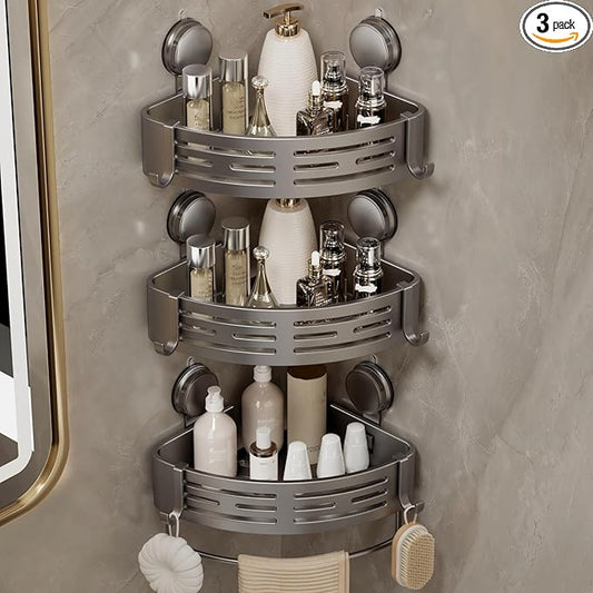 VOLPONE Corner Shower Shelf Suction Cup Shower Caddy Corner No Drilling Bathroom Shower Organizer Storage Rack Adhesive with Towel Bar (3-Pack, Gray)