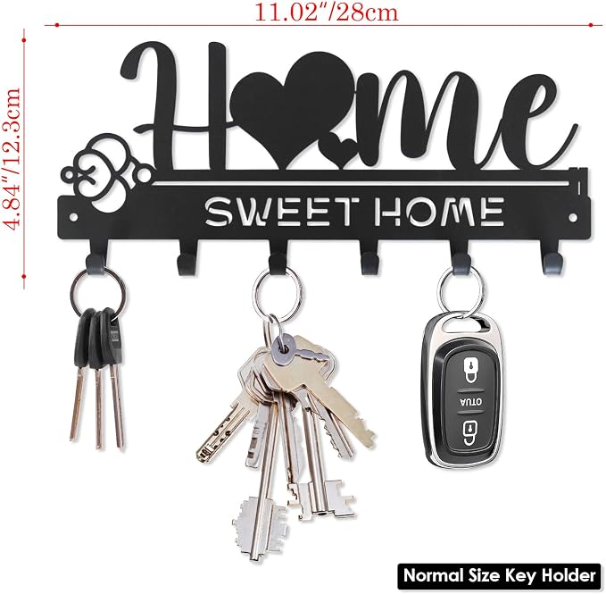 “Home Sweet Home”Key Holder wall Mount(Normal Size:11.02x4.84inches) | Simple Metal Decorative Key Hooks Rack for Entryway Front Door Hallway Garage Office