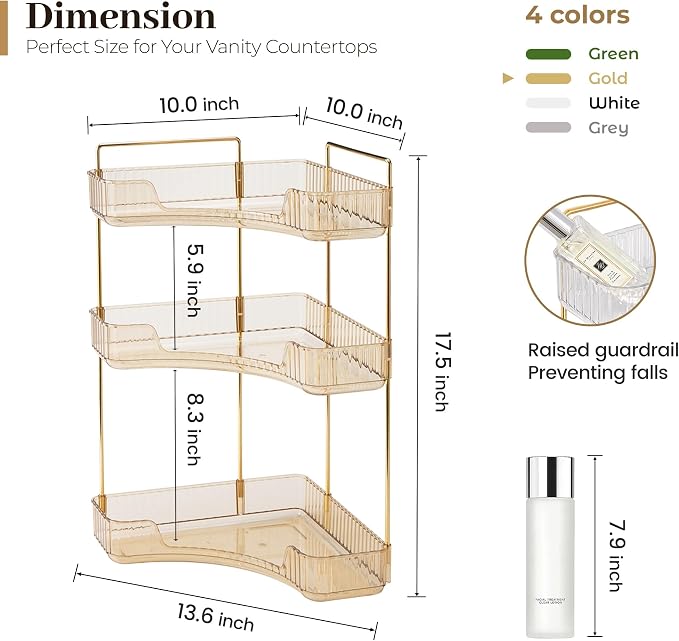 Aveniee Corner Bathroom Counter Organizer, Bathroom Countertop Shelf Makeup Organizer for Vanity Perfume Tray for Corner Storage (3 Tiers, Gold)