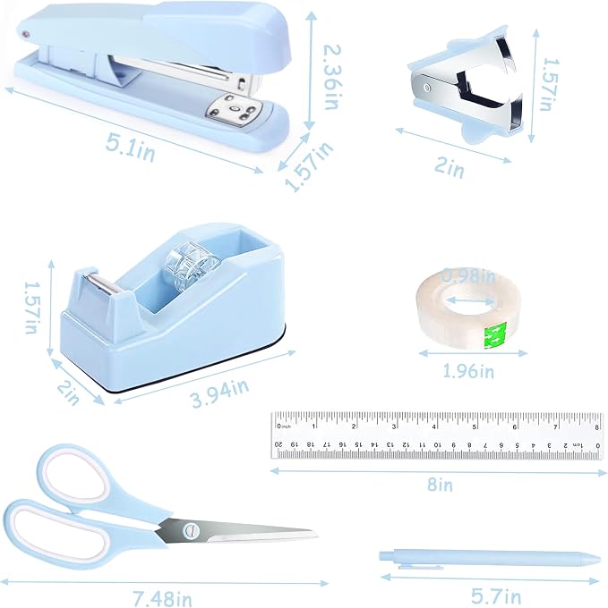 Dimonluce Blue Desk Accessories, Blue Office Supplies Accessories with Tape Dispenser, Stapler, Staple Remover, 1000 Staples, Tape, Clips Set, Ruler, Scissor, Pen