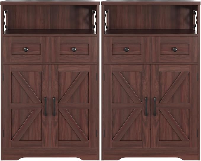 Farmhouse Storage Cabinet Set of 2, Small Kitchen Pantry Coffee Bar Cabinet | Accent Buffet Cabinet Cupboard, 2 Drawers, Barn Doors & Adjustable Shelves, for Kitchen/Entryway/Bathroom, Dark Brown