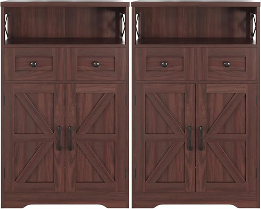 Farmhouse Storage Cabinet Set of 2, Small Kitchen Pantry Coffee Bar Cabinet | Accent Buffet Cabinet Cupboard, 2 Drawers, Barn Doors & Adjustable Shelves, for Kitchen/Entryway/Bathroom, Dark Brown